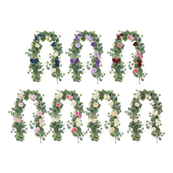 Artificial Eucalyptus Flower Garland with Rose Faux Floral Greenery Garland Fake Rose Flower Vine for Wedding Party Wall Backdrop Decor