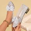Sequin Cloth Block Heel Single Shoes Fashion Pointed Toe Shallow Mouth Bow Slip-on Soft Slip Low Heel Shoes
