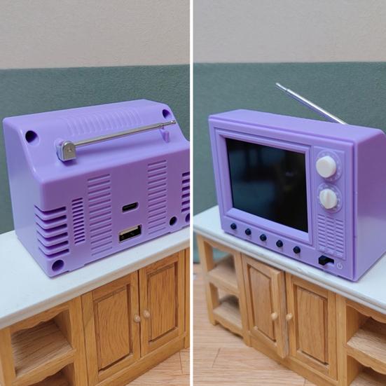 Mini TV Real Video Playback Mini Working TV for Doll Houses 1/12 Scale with Rotatable Antenna USB Rechargeable Battery Miniature Furniture Toy Gift