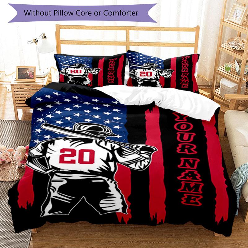 3PC Custom Name Baseball Spirit: USA Pride Bedding Set Printed Bedding Set Duvet Cover Closure Includes 1 Duvet Cover & 2 Pillowcases for All Seasons