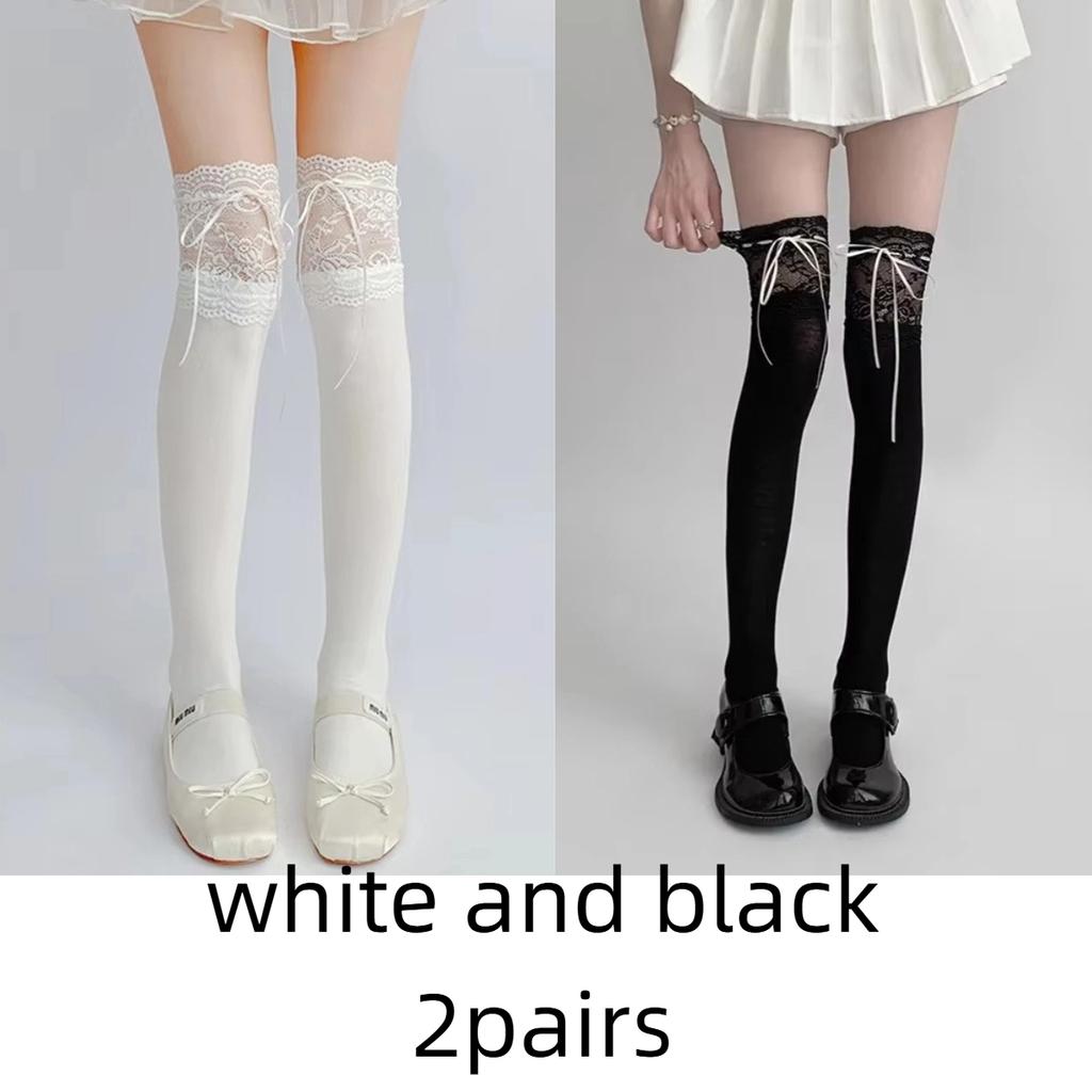 1pairs White Lace Lace Tied Ribbon Velvet Over Knee Socks Lolita Cute Sweet Calf Socks Women's Mid-Leg Kawai Thigh High Socks