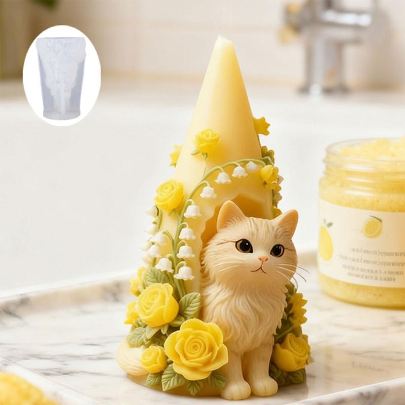 Food Grade Silicone Candle Mould in Realistic Cats and Flower House Designs Easy Demoulding