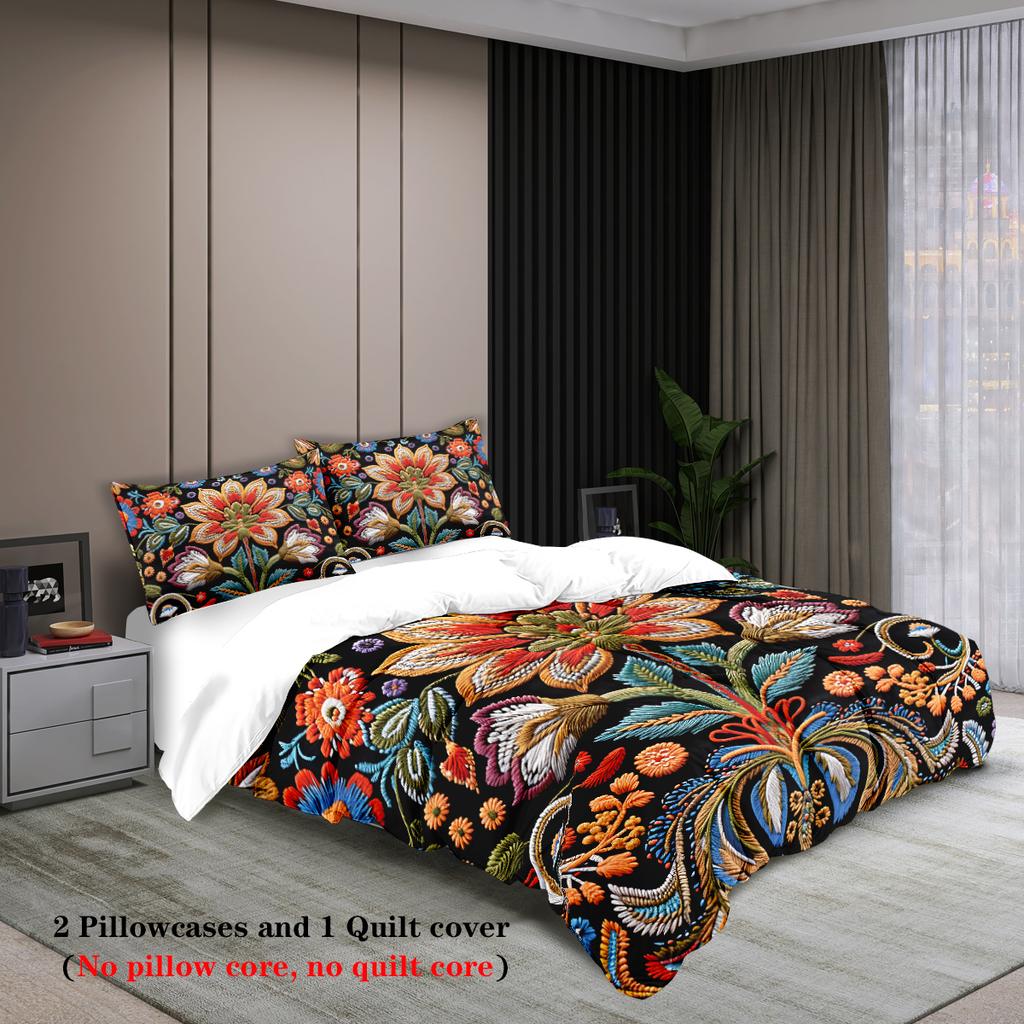 Three-piece Set (1 Duvet Cover + 2 pillowcases,coreless),3D Three-dimensional Floral Elements Printed Bedding Set,multiple Sizes