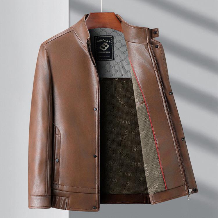 Brand Versatile Men's Stand Collar Leather Jacket, 2025 Spring/Autumn Collection - Cool Motorcycle Style for Mid-Aged and Young Men