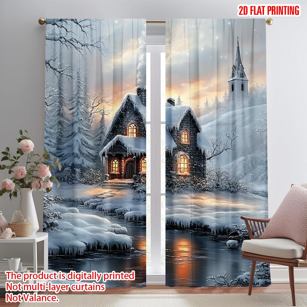 2pcs   plane printing Popular Curtains Snowy Forest Cabin Scenery Durable 100% Polyester Fabric (without rod) Versatile All Use