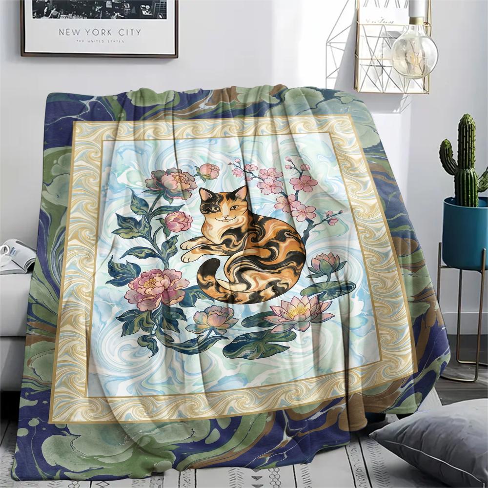 Cat Flower Print Flannel Blanket, High Quality Comfortable for All Seasons, Home Decor, Warmth and Comfort, Perfect for Christmas Gifts44