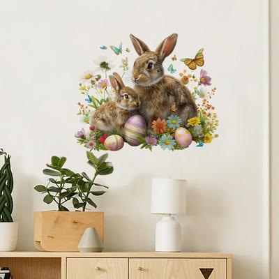 Easter Bunny Flower Wall Decal - Decorative Waterproof Sticker for Children's Room and Living Room