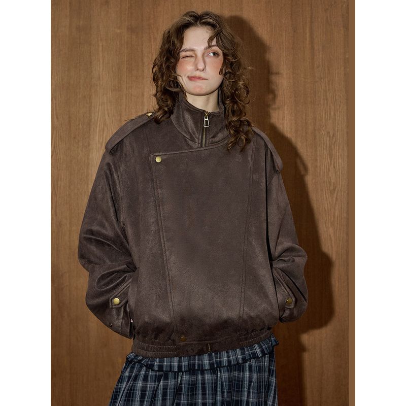 Coolhut2025 Autum Women's Fashionable Casual Versatile Loose Slimming Lapel Short Outwear Brown Leather Jacket