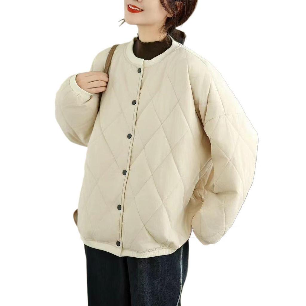 2025 Winter Cotton-Padded Retro Plaid Round Neck Women's Casual Jacket