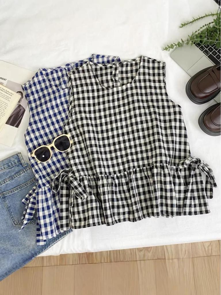 Retro Plaid Sleeveless Ruffle Vest with Bow Tie for Women