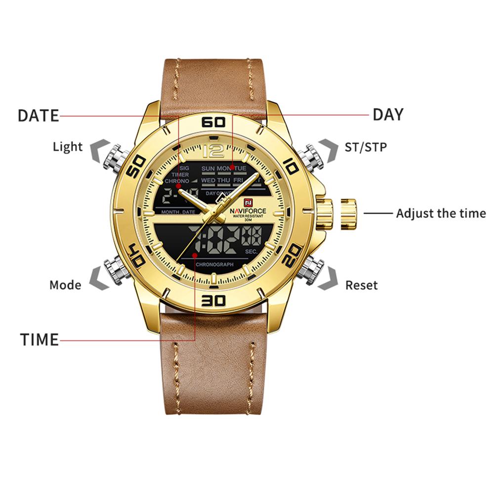 Naviforce Men's Leather Chronograph Quartz Watch Calendar Date 3ATM Waterproof Night Pattern Luminous Pointer Multifunctional Men's Watch NF9253L