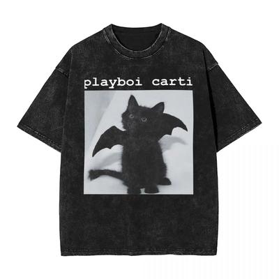 Playboi Carti Cat Pop Washed T Shirts Streetwear Vintage T-Shirt Tees for Men Women Short Sleeve Oversize Graphic