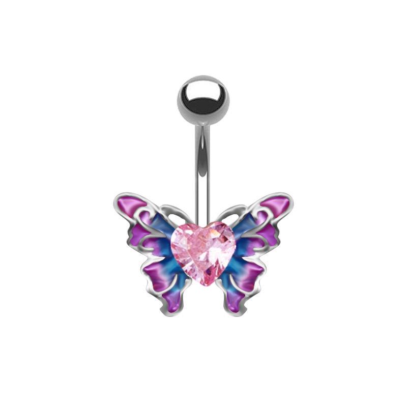 Exotic Butterfly Heart Bow Zircon Inlaid Navel Ring, 316 Stainless Steel, European & American Style