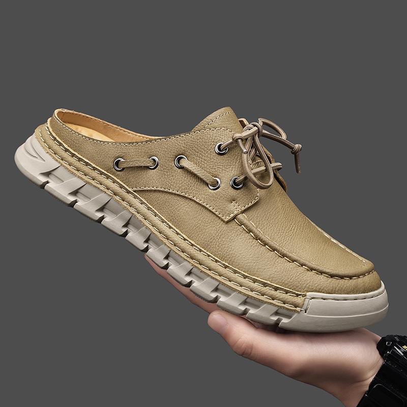 Men's Summer New Large Size Slip-On Driving Shoes Outdoor Genuine Leather Breathable Rubber Sole Square Toe Bean Bean Shoes