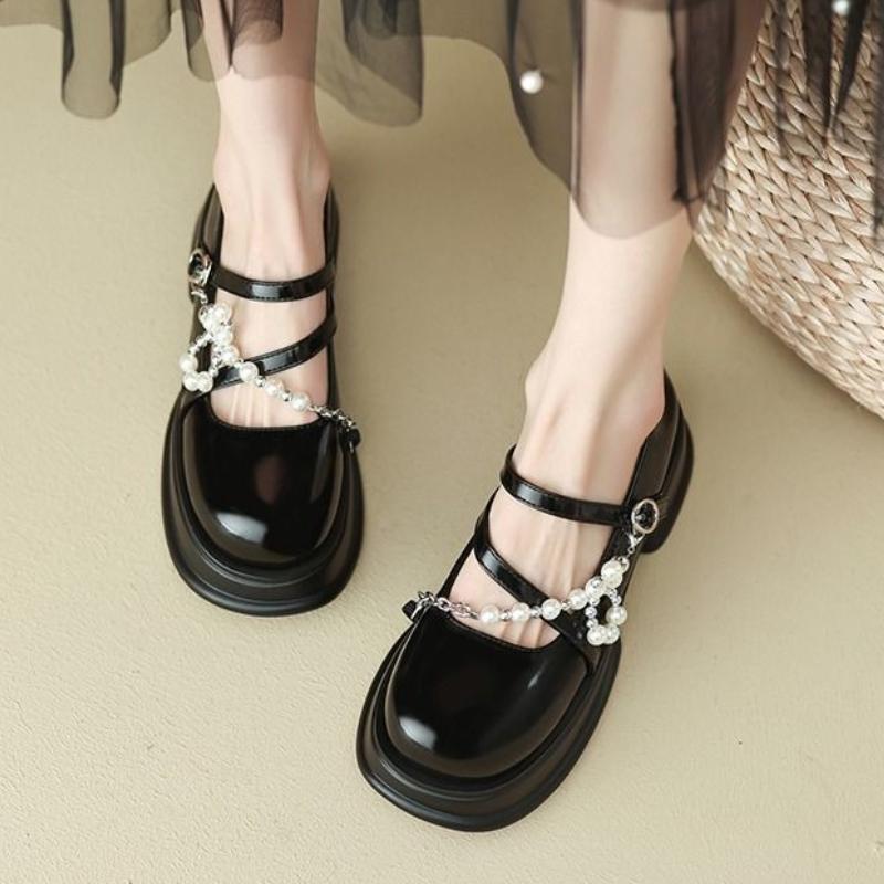 2025 New Women's Black Thick Sole Mary Jane Loafer with Pearl Chain Detail College Style Spring and Autumn Fashion Shoes