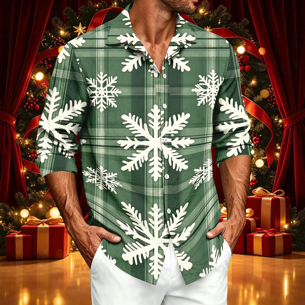 Men's Casual Long Sleeve Christmas Print Shirt for Holiday Party