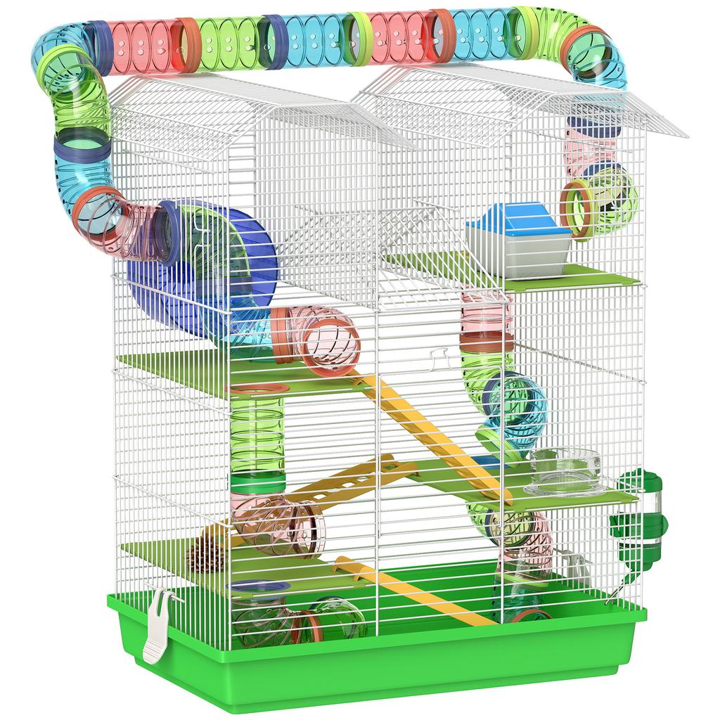 Cage for Hamsters, Mice, and Small Rodents with Tunnel, Feeder, Wheel, and Toy, 47 X 30 X 59 Cm, Green