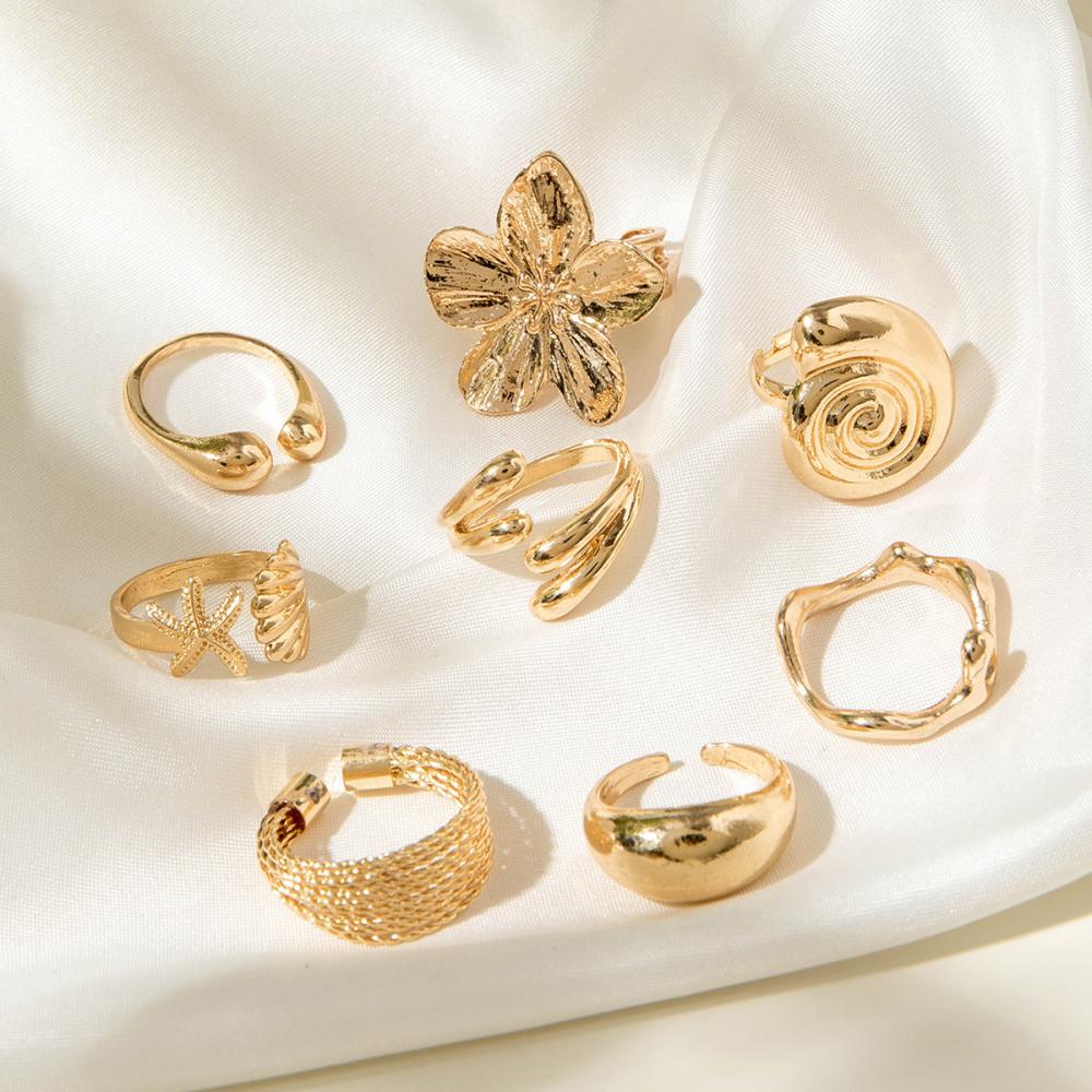 8Pcs/Set Vintage Metal Petal Flower Water Drop Open Rings for Women Trend Goth Geometric Rings Set Daily Jewelry Gift