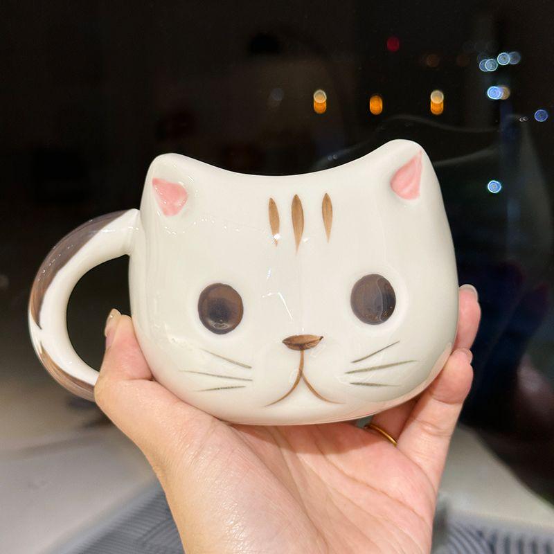 430ML Cartoon Soft and Cute Healing Series Ceramic Water Cup Cute Girl Heart Cat Cup Home Breakfast Cup Oat Mug
