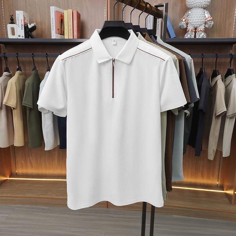 Jin An Men's Seamless Short-Sleeve Spliced Polo Shirt with Half-Zip and Split Hem