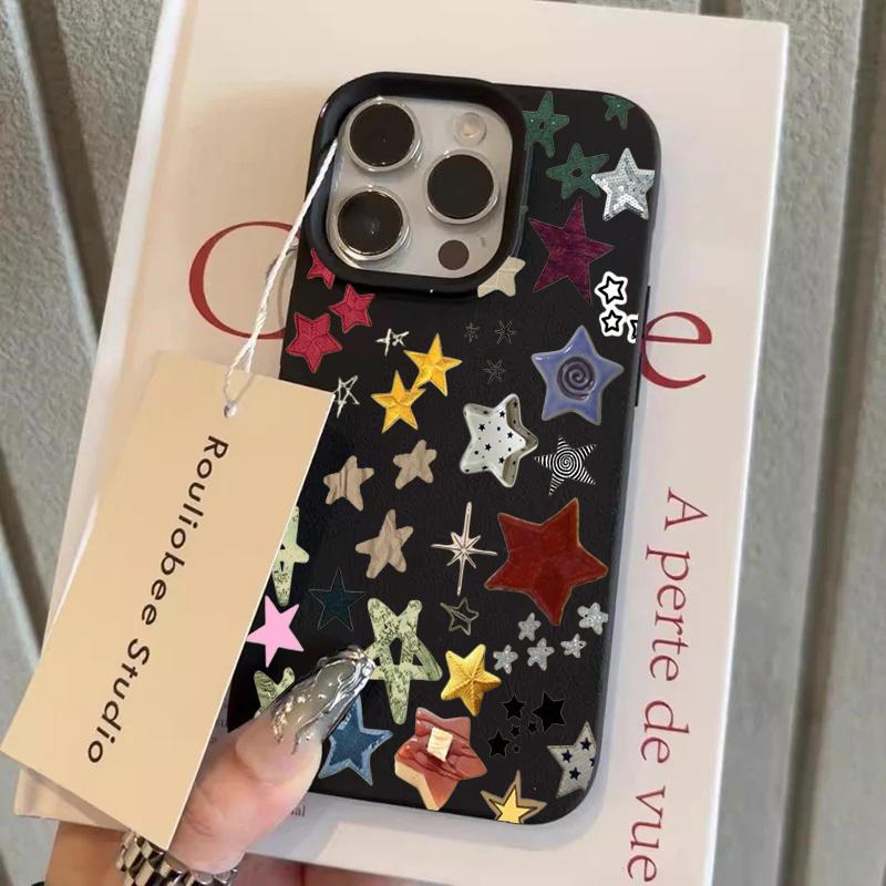 Y2k INS Graffiti Star Moon Phone Case For iPhone 17Pro 16 15 14 11 13 Pro Max 12 Plus Lichee Pattern Shockproof Silicone Funda