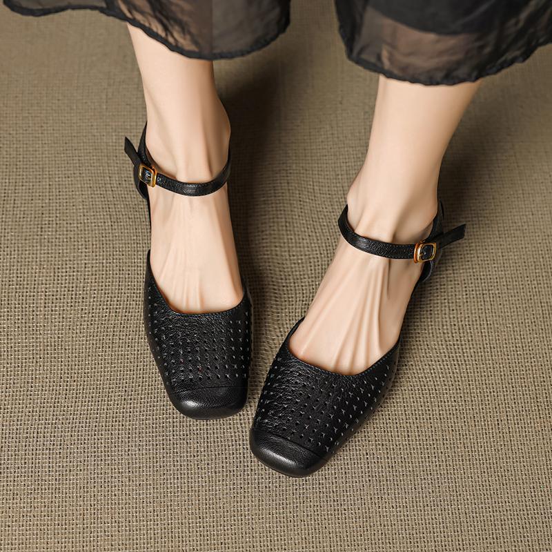 Fashion 2025 New Basic Mid Heels Women Sandals Square Toe Buckle Strap Slingback Pumps Mature Genuine Leather Hollow Out Shoes Woman