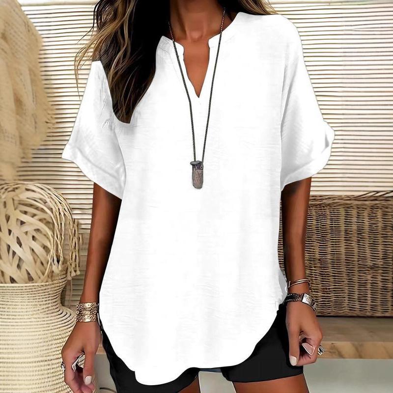 Summer Loose and Fashionable Pure Color V-neck Casual Women's T-shirts