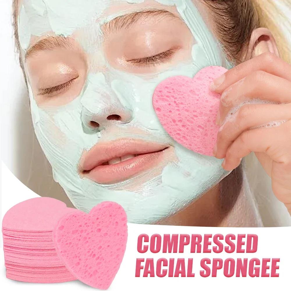 50PCS Reusable Face Wash Puff Cleaning Sponge Pad Exfoliator Mask Facial SPA Massage Makeup Removal Heart Shape Compress Sponge
