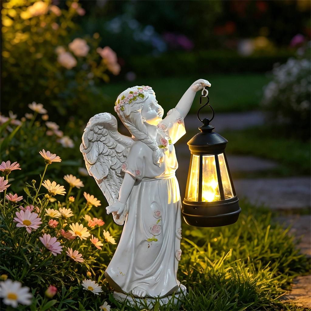 Outdoor Garden Angel Statue with Lantern Solar Powered Resin Craft Decorative Sculpture for Yard Patio Lawn Home Accent