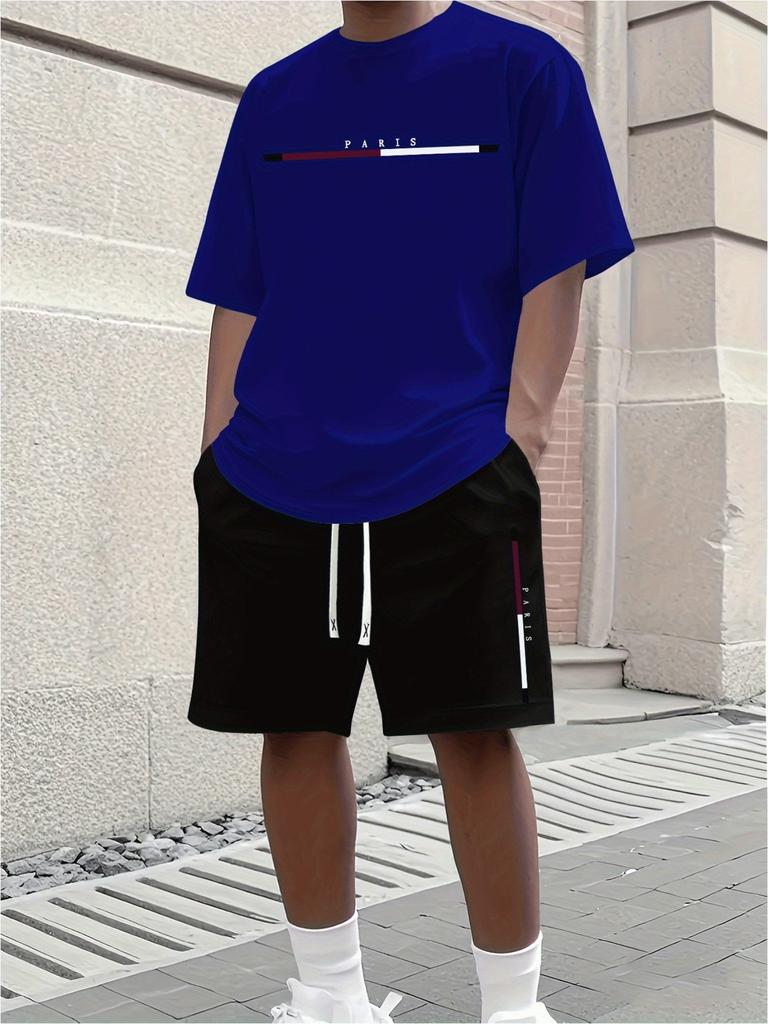 Summer T-Shirt Men's Running Athletic Outfit Two-Piece Set Crew Neck Short Sleeve Top & Shorts Men's Plus Size T-Shirt