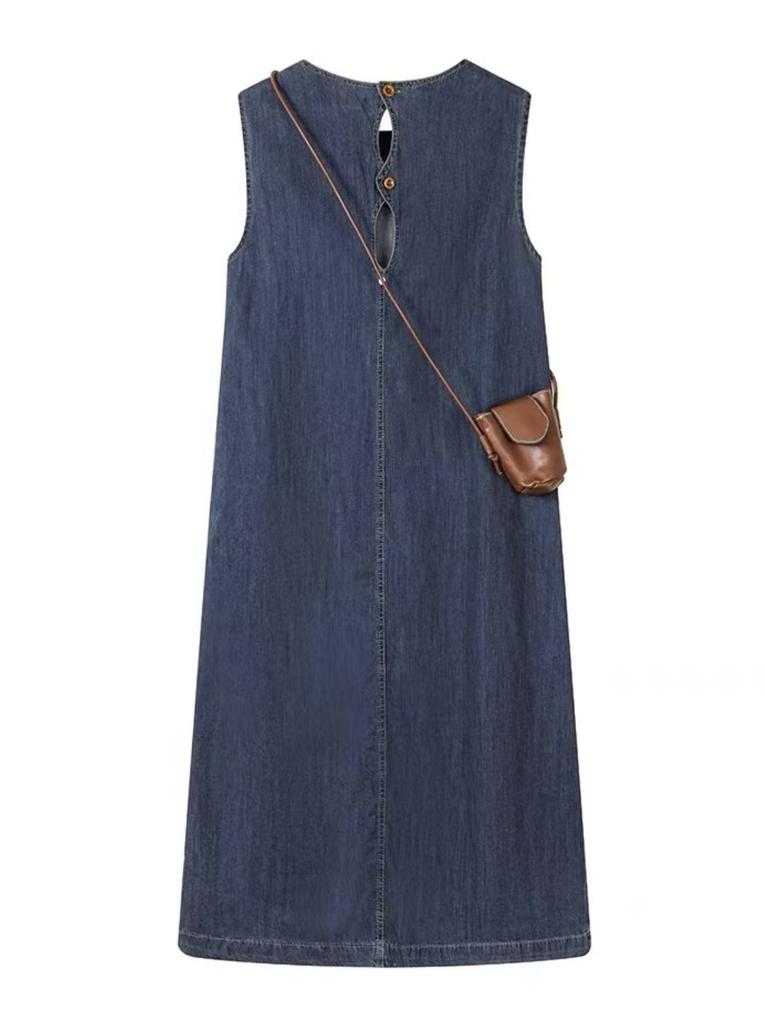 Temperament retro denim crew neck Korean version dress summer niche gentle sleeveless loose and thin denim dress