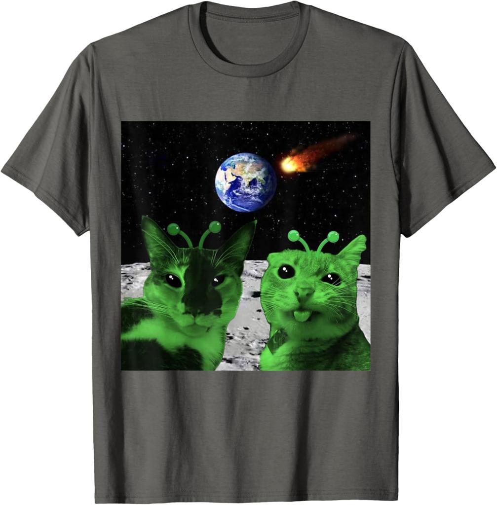 Alien Cats Moon Meteor Earth Invasion Graphic Tee Men's Casual Cotton T-Shirt