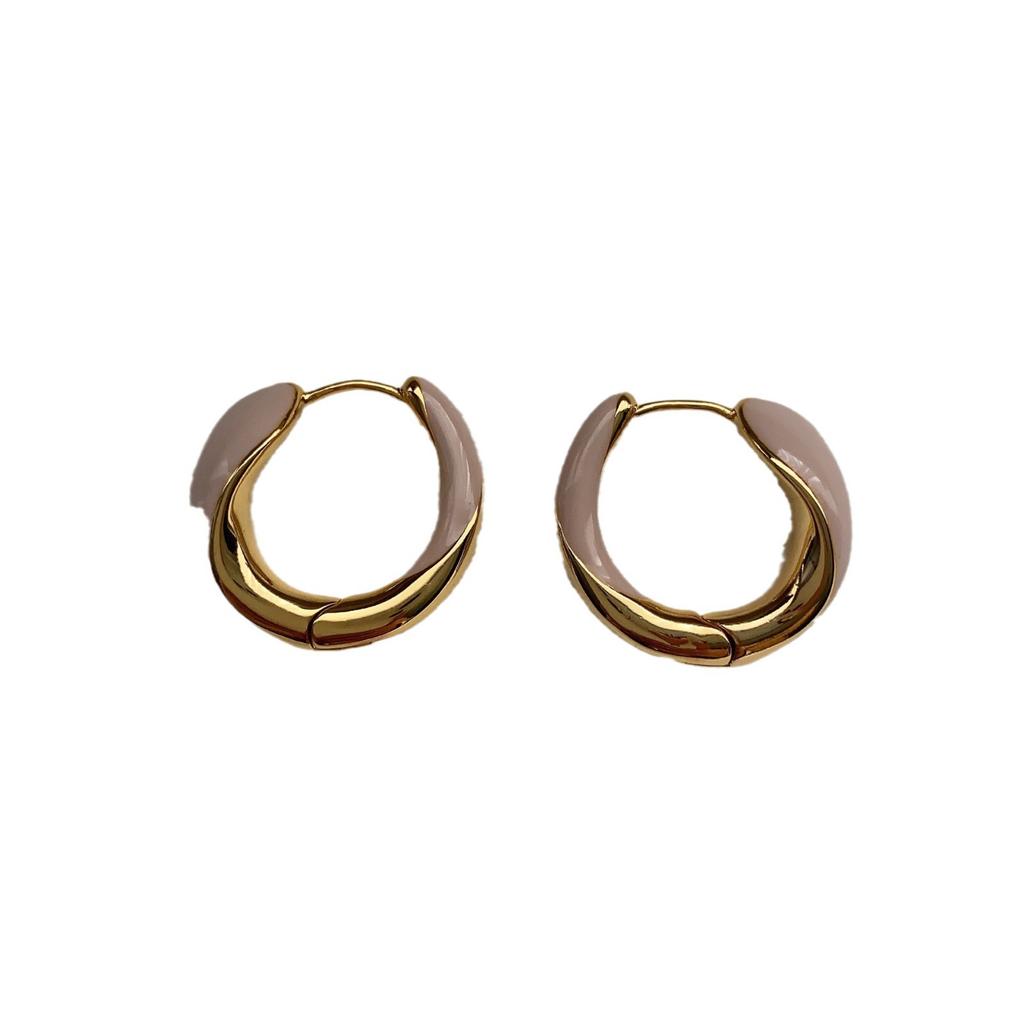 Naked Pink Enamel Oil Drop Earrings Real Gold Earrings Simple Style White Ear Buckles Women