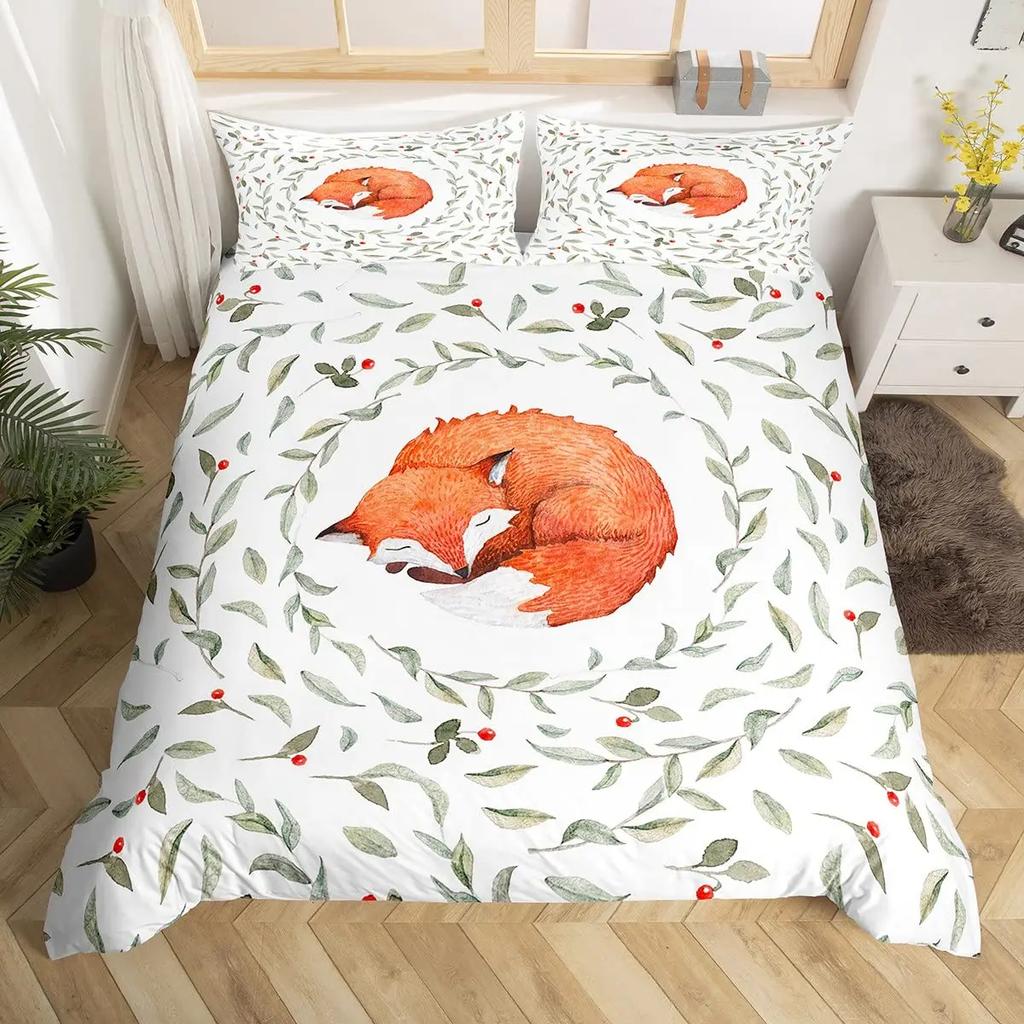 Kids Cartoon Fox Duvet Cover King Queen Orange Animal Bedding Set Girls Teens Bedroom Decor Comforter Cover with 2 Pillow Case