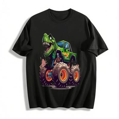 Lustiger T-Rex Monster Truck Grafikdruck Lässiges T-Shirt Für Kinder Erwachsene Reines Baumwoll-T-Shirt