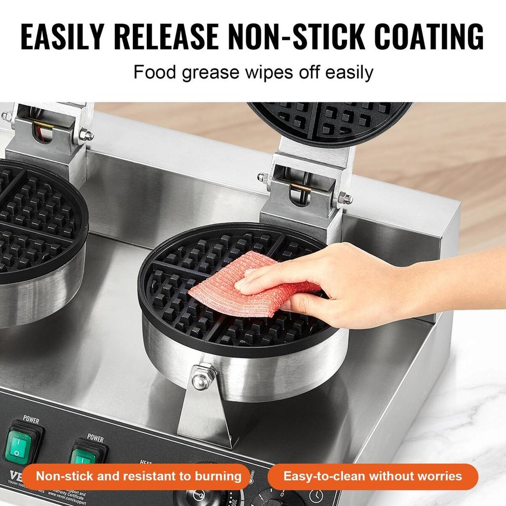 Commercial Waffle Maker Dual-Head Round Waffle Iron 2460W Non-Stick