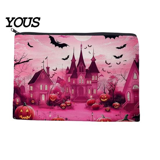 Themed Cosmetic Travel Bag Storage Bag, with Halloween Pumpkin Ghost Print, Smooth Festive Desktop Zipper Canvas Makeup for Organizer