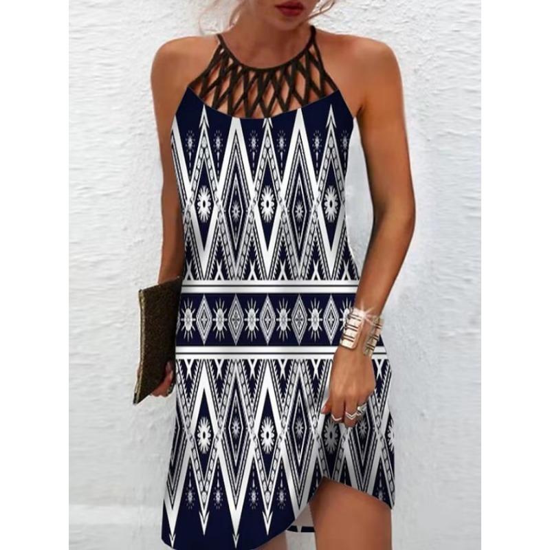 VEZFAA Women's Fashion Summer Spring Colour Block Print Sleeveless Middle Waistline Casual Dresses