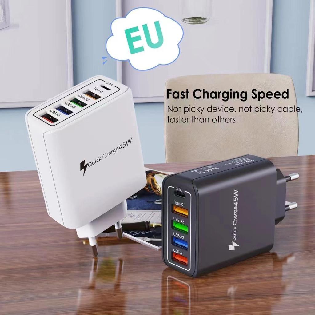 4-Port USB & 1-Port PD Mobile Phone Charger 5V 3.1A with EU, US, UK Plug