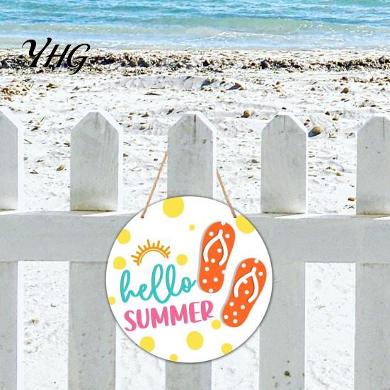 Coastal Style Wall Hanging Hello Summer Door Sign, Ice Pop Flip Flop Welcome Hanger, Decorative Plaque Farmhouse Wooden Wreath for Front Home