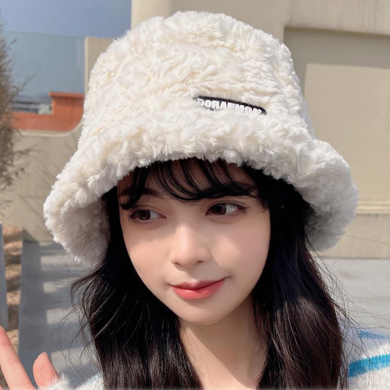 White fluffy fisherman hat children autumn and winter 2025 new velvet warm versatile plain bucket basin hat