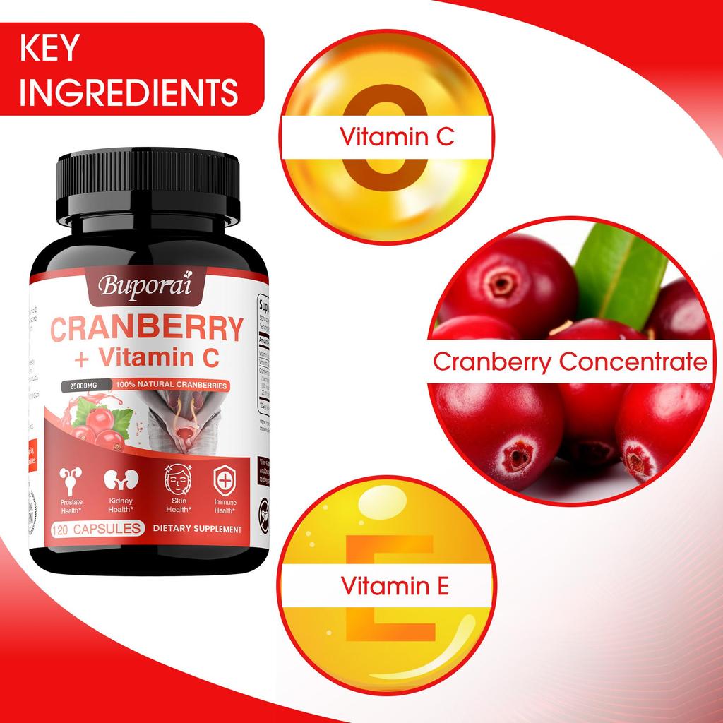 Cranberry + Vitamin C Nahrungsergänzung zur Unterstützung des Harnwegs- und Immunsystems, der Herz-Kreislauf-Gesundheit