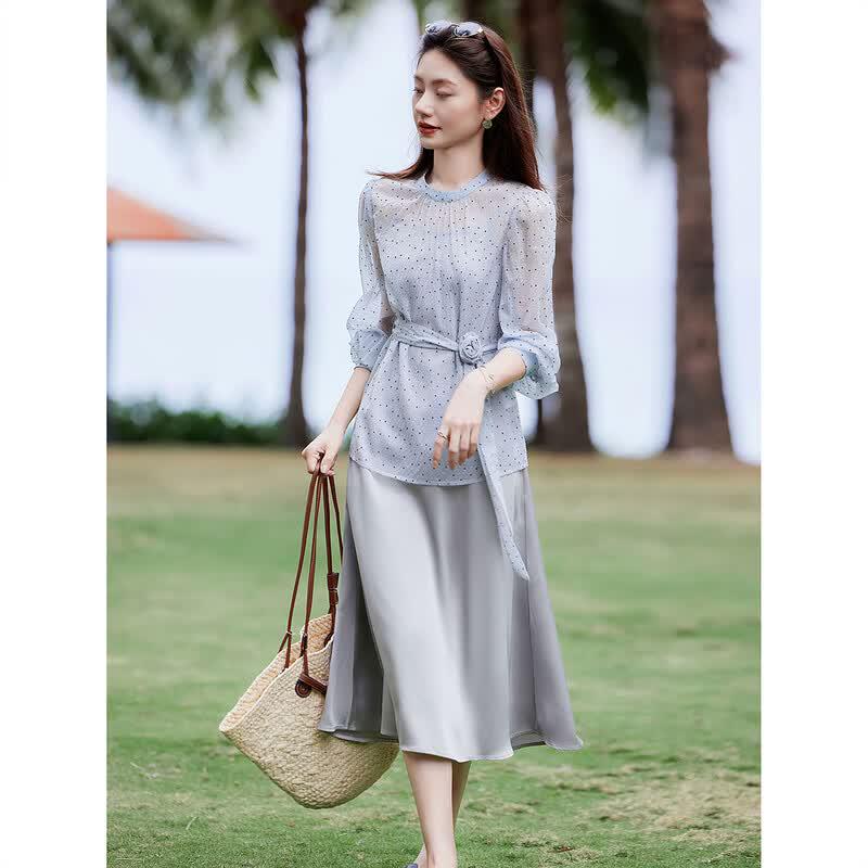 Women s French Sweet Polka Dot Chiffon Two-Piece Set L
