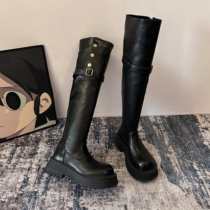 Popular Retro 2025 Autumn and Winter Trend Two Wear Folded Platform Western Boots Thick Heel Knee Boots Knight Boots