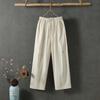 Women Summer Cotton Hemp Cropped Pants Mid-Rise Elastic Waistband Casual Pants Solid Color