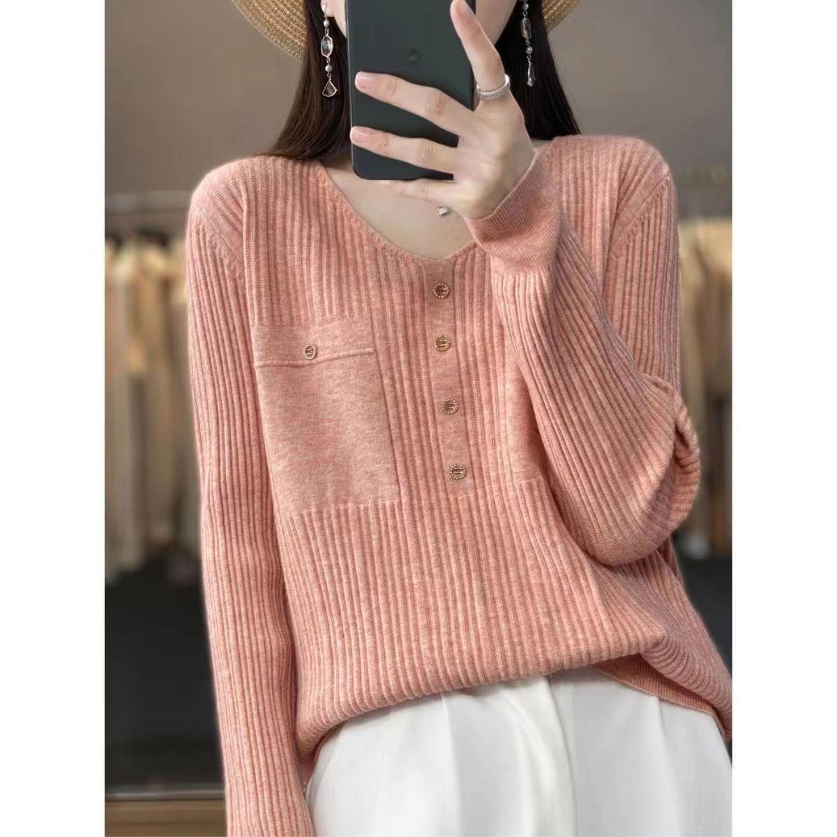

Spring Autumn Women Pullovers Long Sleeve V-neck Bottoming Shirts Mom s Loose Kniited Sweater Korean Soft Inner Jumpers XS розовый