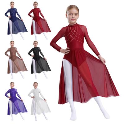 Girls Lyrical Dance Dress Shiny Rhinestones Sheer Mesh Patchwork Keyhole Back Long Sleeve Leotard