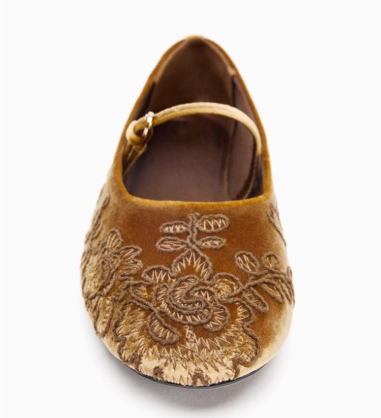 Fashion Velvet Effect Embroidered Flowers Ballet Flats Women's Loafers Light Comfort Mary Jane Shoes Elegant Round Toe Belt Casual Flats