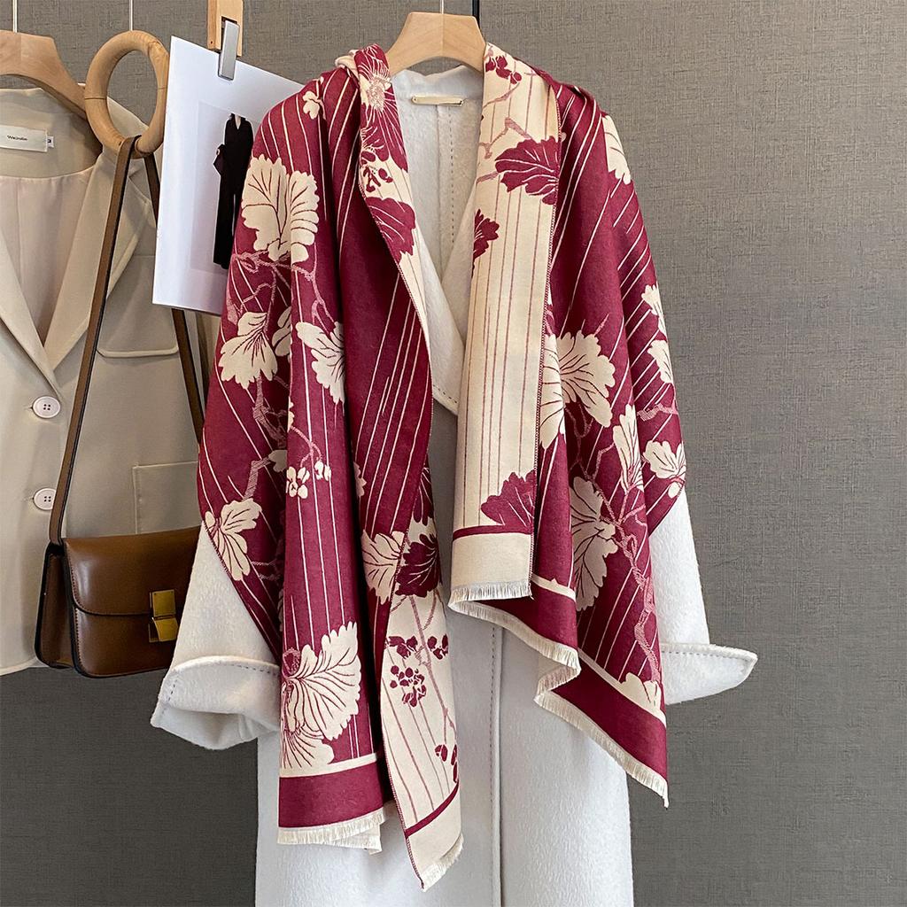 Personalized retro style flower striped scarf irregular striped design autumn and winter warm shawl fashionable versatile scarf