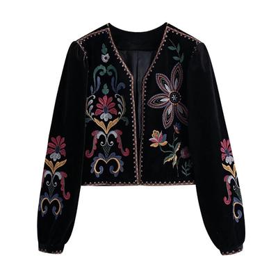 Black Women Fashion Contrast Embroidery Velvet Crop Open Blazer Coat Vintage Long Sleeve Female Outerwear Chic Veste Femme